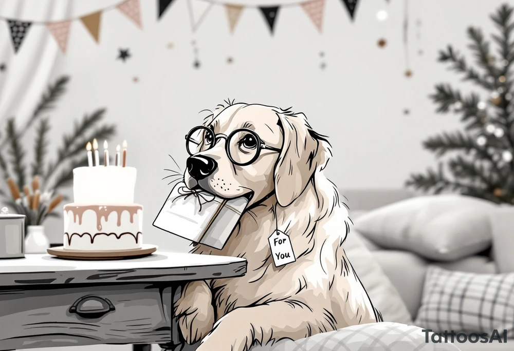 Picture a playful golden retriever wearing cute round reading glasses, holding a neatly wrapped gift box in its mouth. A small tag on the box says “For You.” Behind the dog is a festive table with a birthday cake, candles, and party decorations. The retriever looks clever and kind, like a well-mannered guest at a cozy celebration. A cheerful message floats above:
“Wishing you joy, health, and puppy kisses on your 80th birthday – from the whole Albi team!”
The illustration has a light-hearted, cartoon-like charm, making it perfect for bringing smiles and laughter. tattoo idea