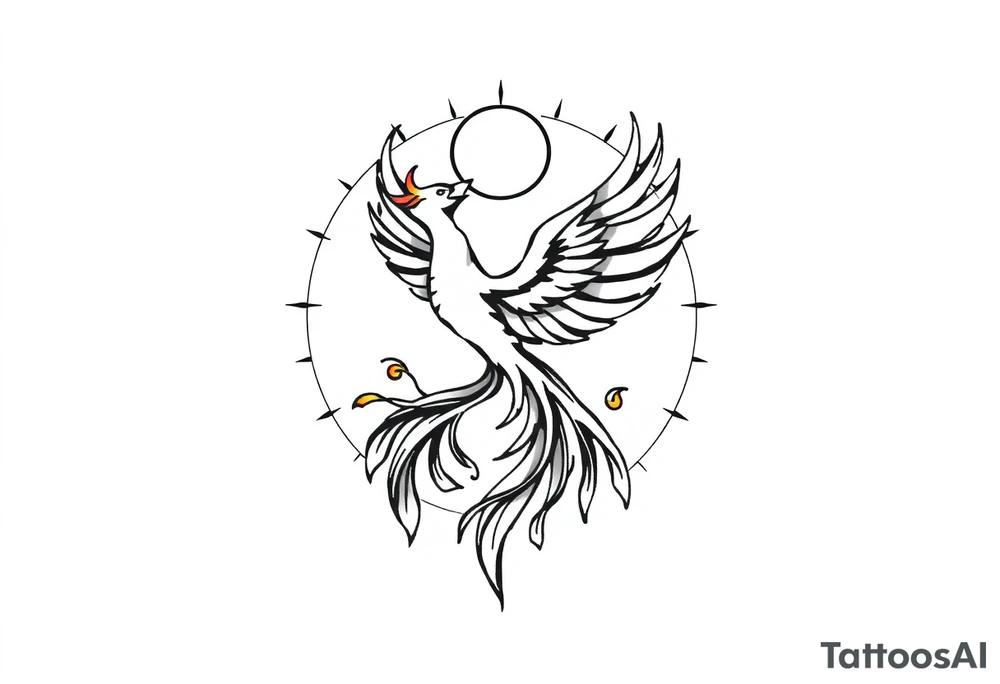 magical phoenix rising from golden flames with trailing embers surrounded by geometric sun and moon tattoo idea