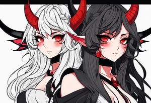 full body anime style succubus with red horns in a portrait tattoo idea