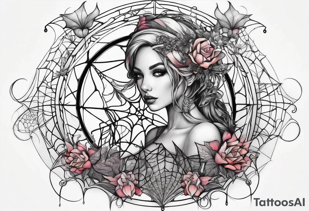 Fairy with bottom half of body wrapped up by spider web tattoo idea