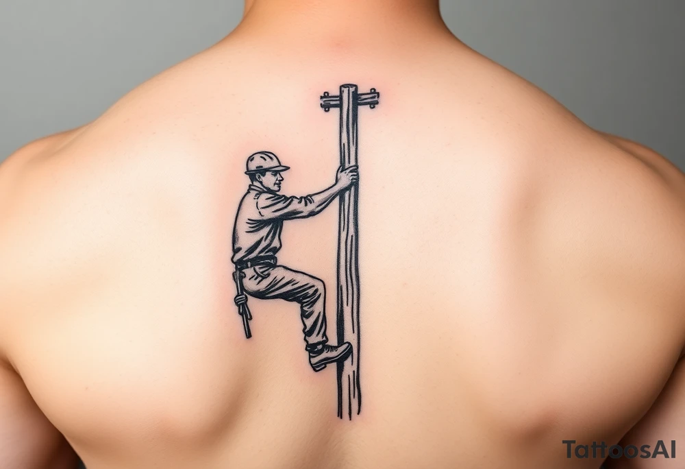 realistic tattoo of a power lineman climbing a wooden pole tattoo idea