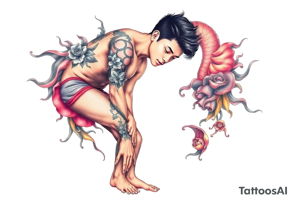 Handsome Asian young guy is standing on his knees and looking down tattoo idea