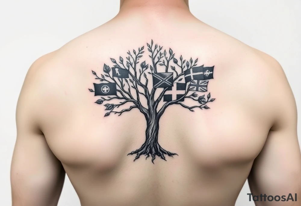 Tree with leaves that are country flags from Prussia,  Ireland, wales, scotland, England, and catawba tribe tattoo idea