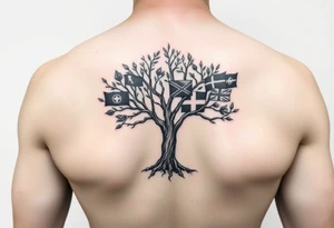 Tree with leaves that are country flags from Prussia,  Ireland, wales, scotland, England, and catawba tribe tattoo idea