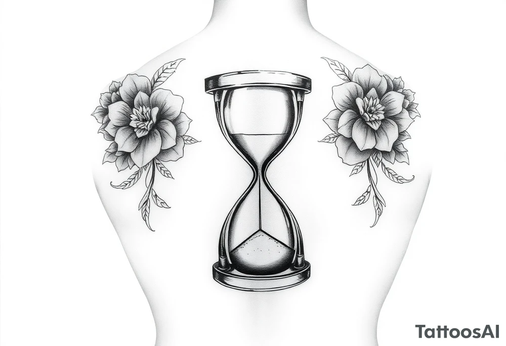 A back tattoo with soft matching florals on each shoulder going toward the middle of the back. In the middle theres an hourglass with a skull on the bottom that the sand is pouring into. tattoo idea