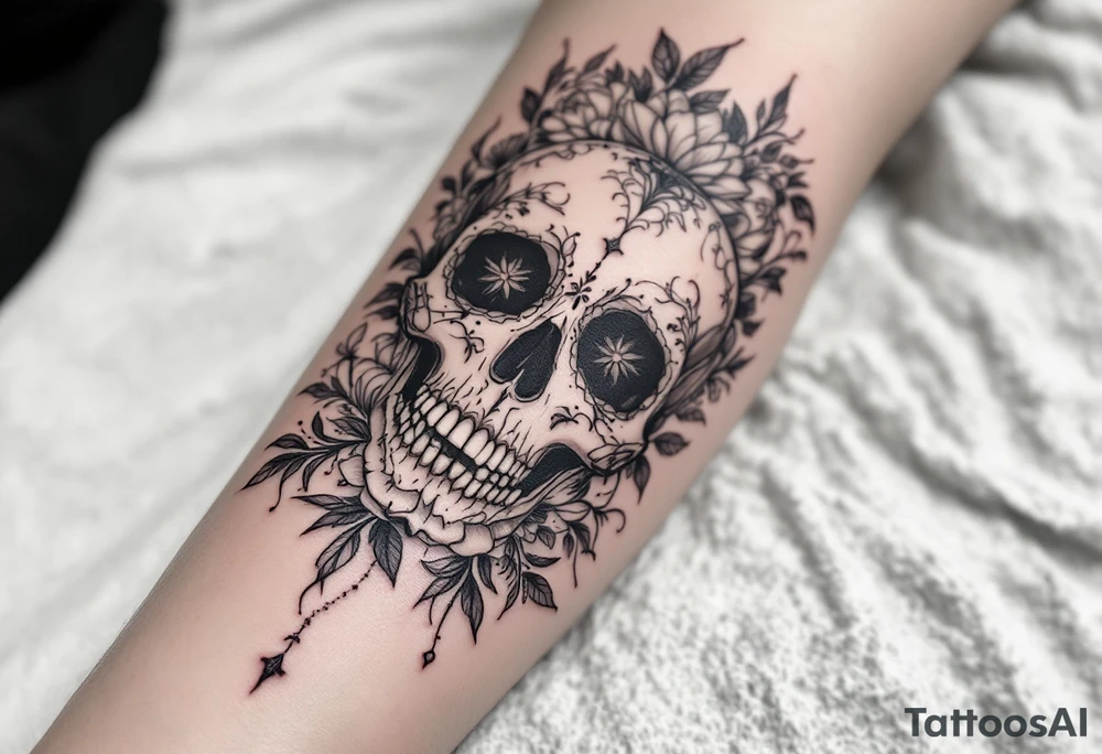 Half sleeve with flowers lace bold and beautiful skulls and lace tattoo idea