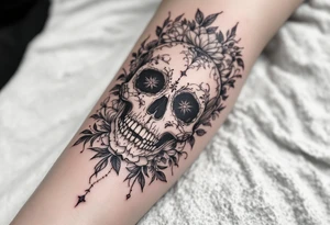 Half sleeve with flowers lace bold and beautiful skulls and lace tattoo idea