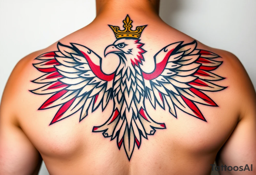A majestic red and white Moravian eagle with golden crown on its head with intricate tribal patterns tattoo idea