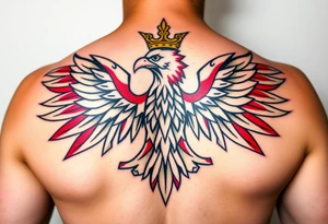 A majestic red and white Moravian eagle with golden crown on its head with intricate tribal patterns tattoo idea