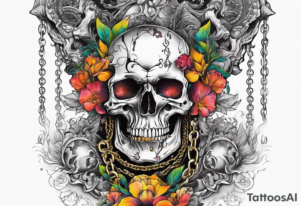 Tattoo in the neck of a skull freeing itself from its chains preventing it from speaking. tattoo idea