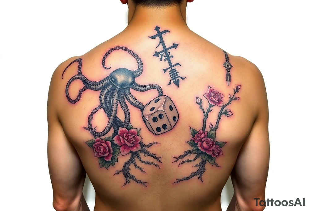 squid and knight combined with chains, tree roots, cherry blossoms and roses rolling dice tattoo idea