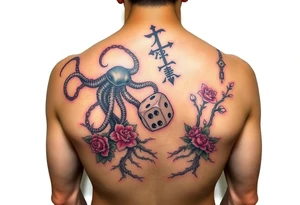 squid and knight combined with chains, tree roots, cherry blossoms and roses rolling dice tattoo idea