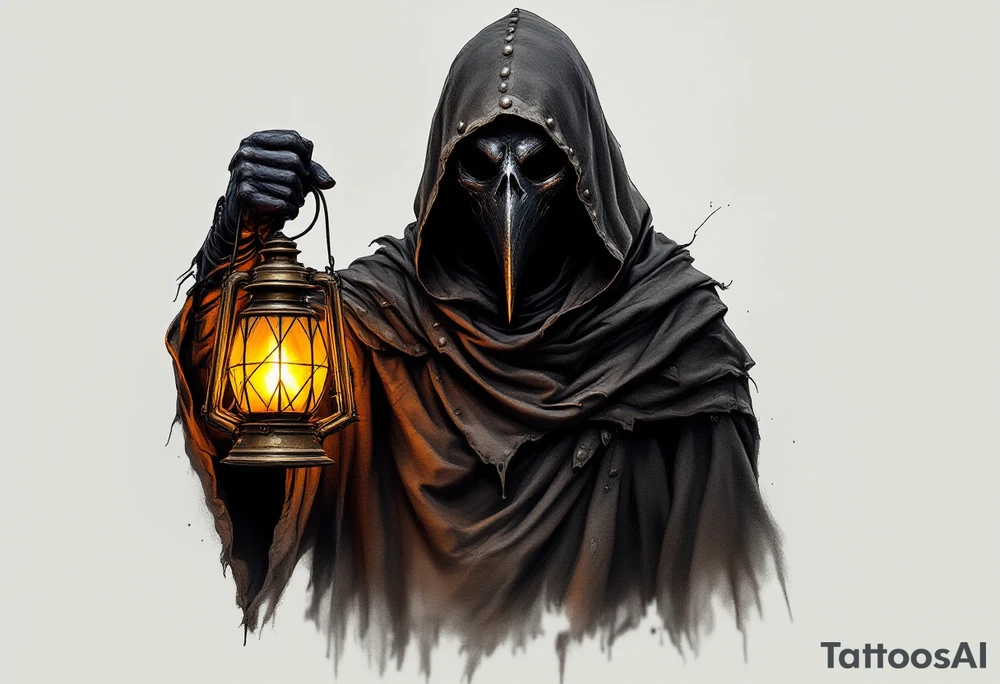 Medieval Plague Doctor with Lantern – A shadowy plague doctor in a worn-out dark brown cloak, holding an old brass lantern with a flickering warm yellow candlelight inside. The beaked mask is deep black with silver rivets. tattoo idea