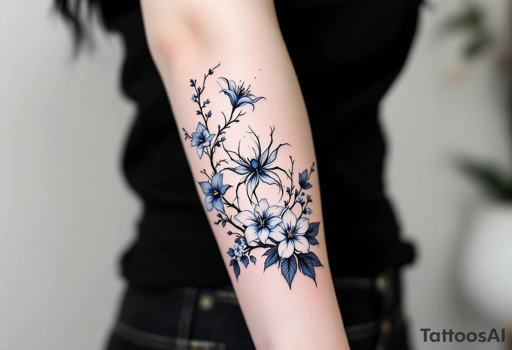 blue spider lily in black and white colours from the anime demon slayer and Cherry Blossoms wrapped around the arm tattoo idea