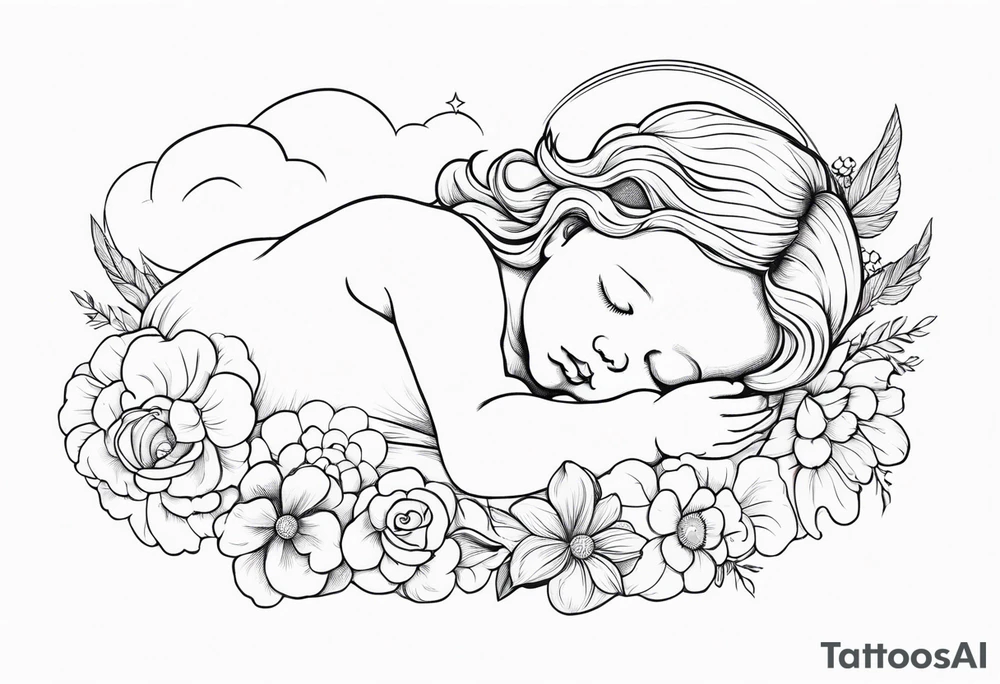 baby renaissance angel sleeping on cloud, flowers in long hair, celestial, ethereal tattoo idea