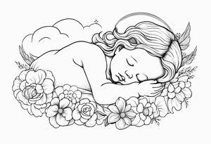 baby renaissance angel sleeping on cloud, flowers in long hair, celestial, ethereal tattoo idea
