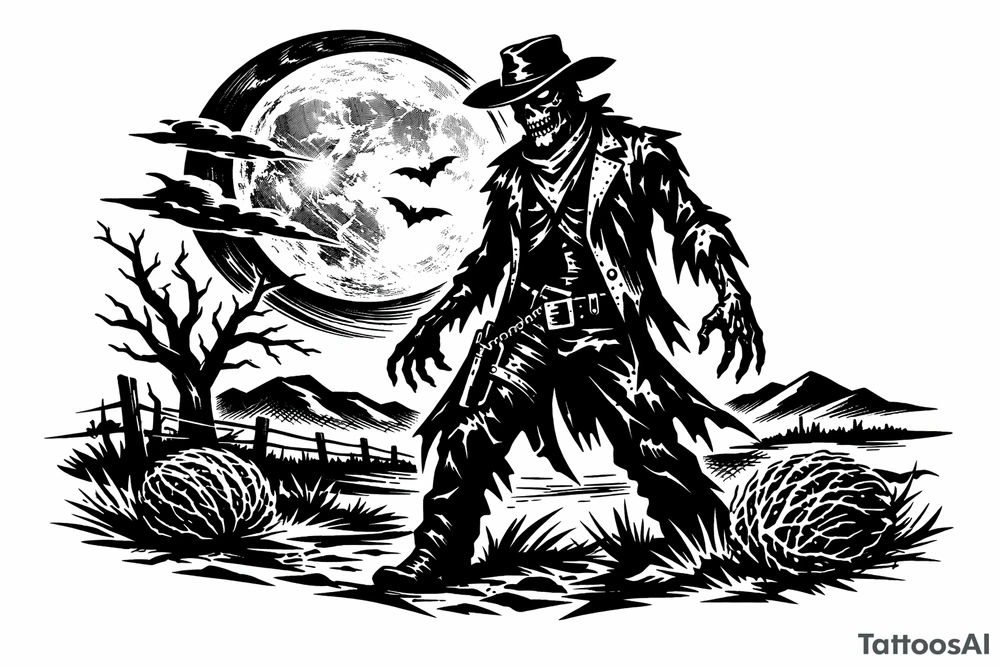 Zombie cowboy silhouette on a moonlit prairie, tumbleweeds rolling. tattoo idea