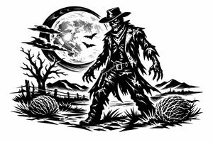 Zombie cowboy silhouette on a moonlit prairie, tumbleweeds rolling. tattoo idea