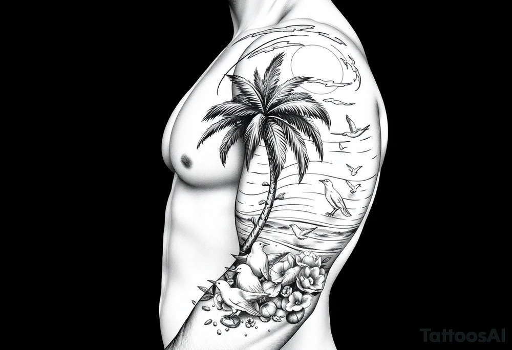 palm tree, sun, beach, birds tattoo idea