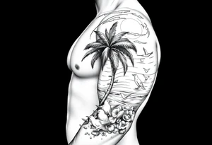 palm tree, sun, beach, birds tattoo idea