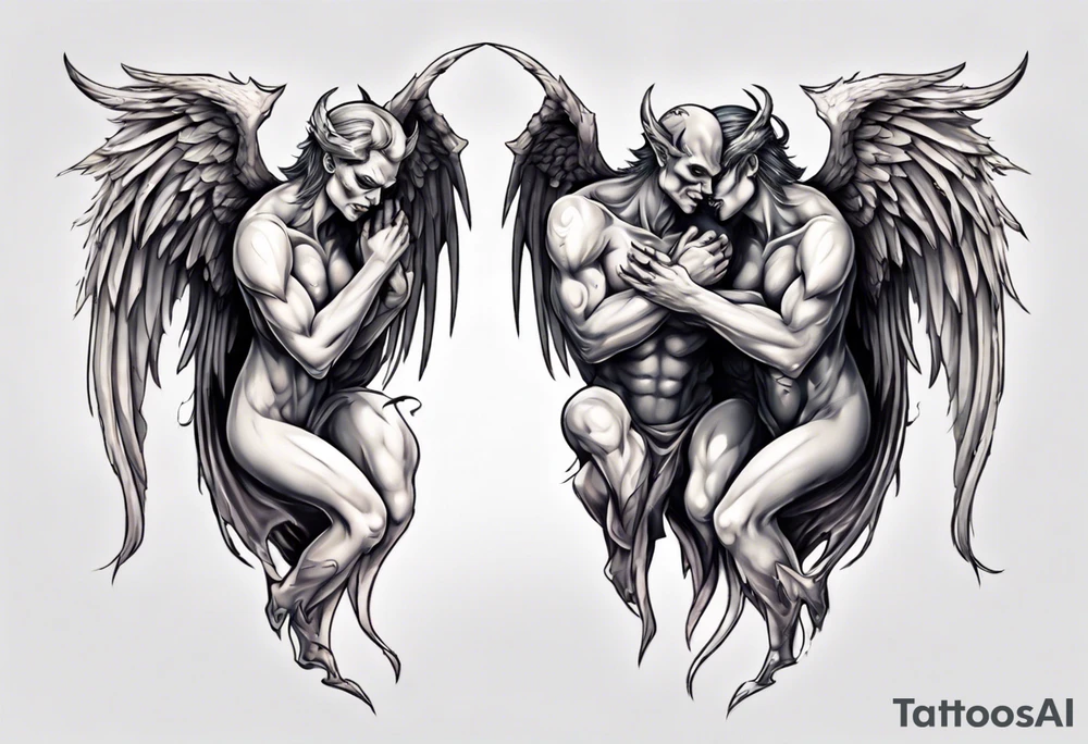 Demon and angel hugging each other tattoo idea