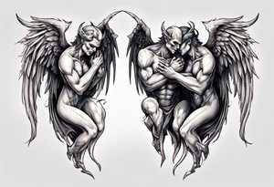 Demon and angel hugging each other tattoo idea