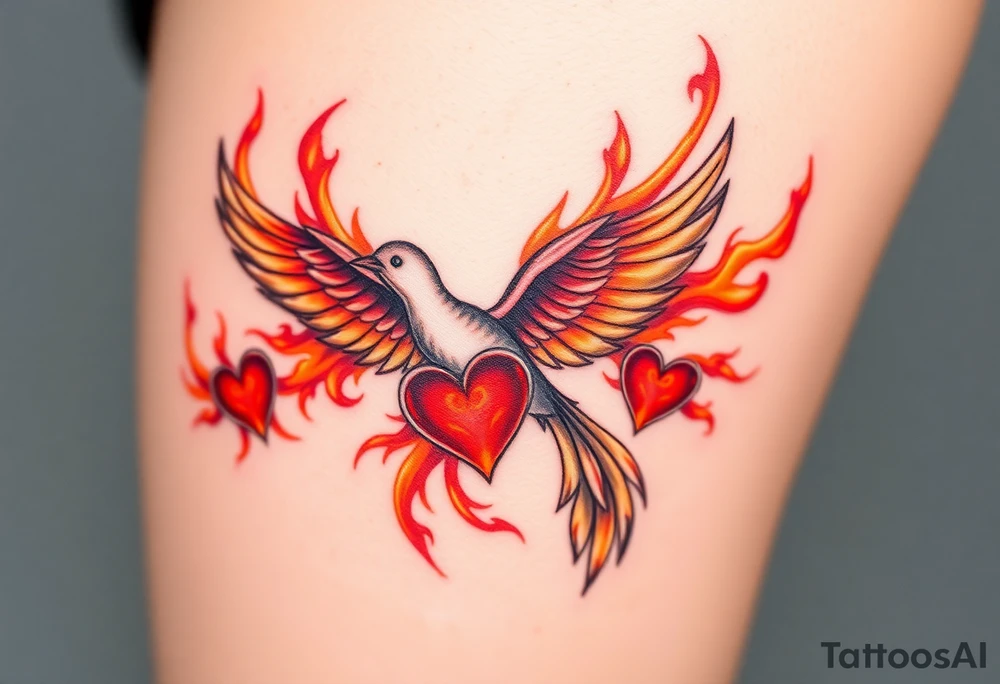 A fiery bird print with hearts engulfed in flames, using shades of red, orange, and yellow, symbolizing passion and energy tattoo idea