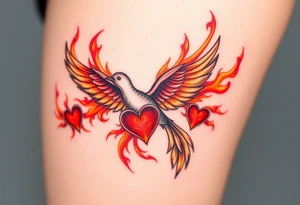A fiery bird print with hearts engulfed in flames, using shades of red, orange, and yellow, symbolizing passion and energy tattoo idea