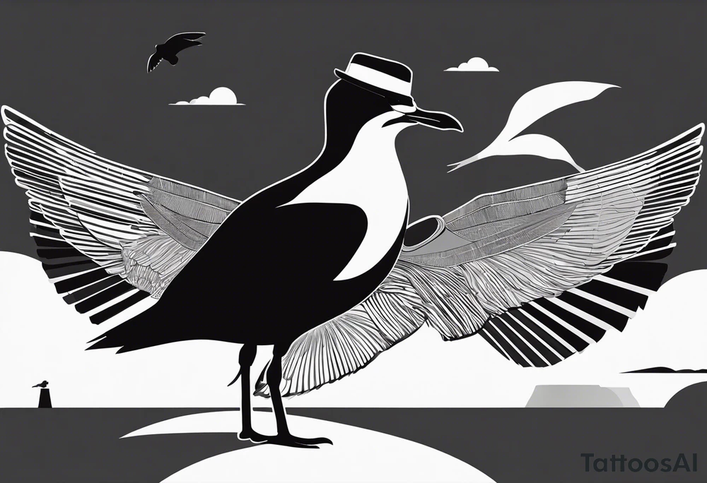 Black and white silhouette illustration of a seagull (albatross) with a human body, wearing sunglasses and a hat. The bird’s wings and head are shown in dynamic, stylized shapes, while its human body is positioned confidently, holding a camera. The design is playful and minimalistic, with clean lines defining the figure and accessories. The background features abstract, simplified shapes of a serene beach and a clear sky, creating a sense of relaxation and adventure. The silhouette emphasizes the whimsical character of the scene, with strong contrasts to highlight the unique design. tattoo idea