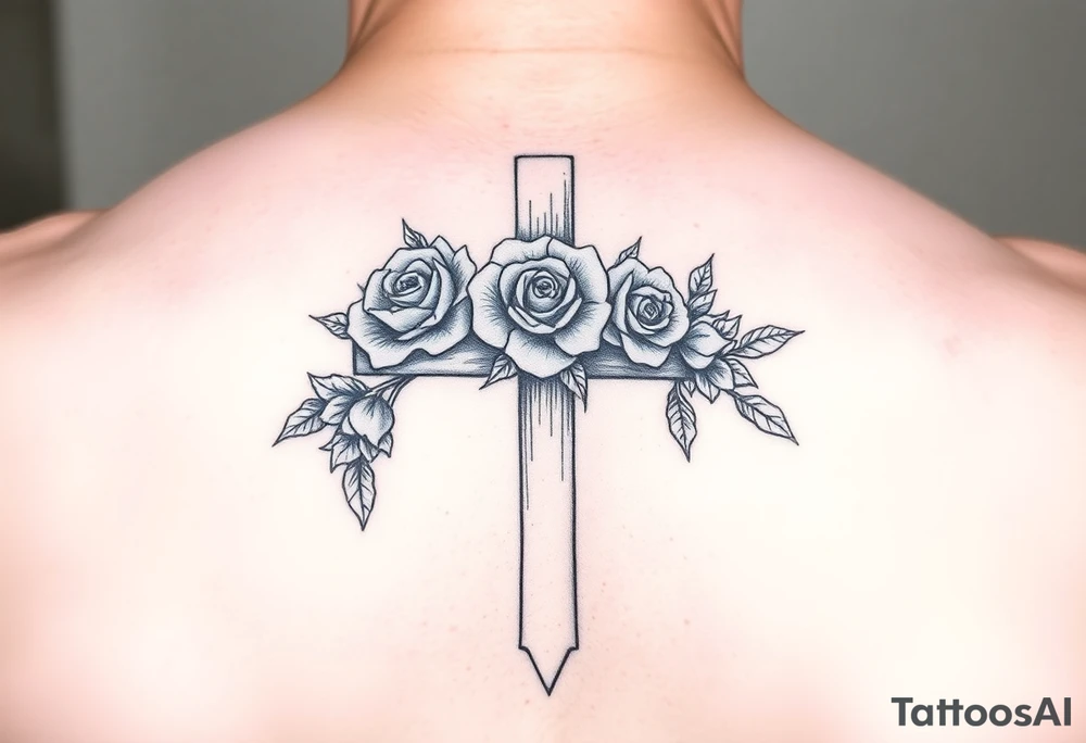 Roses crown of thorns on cross tattoo idea