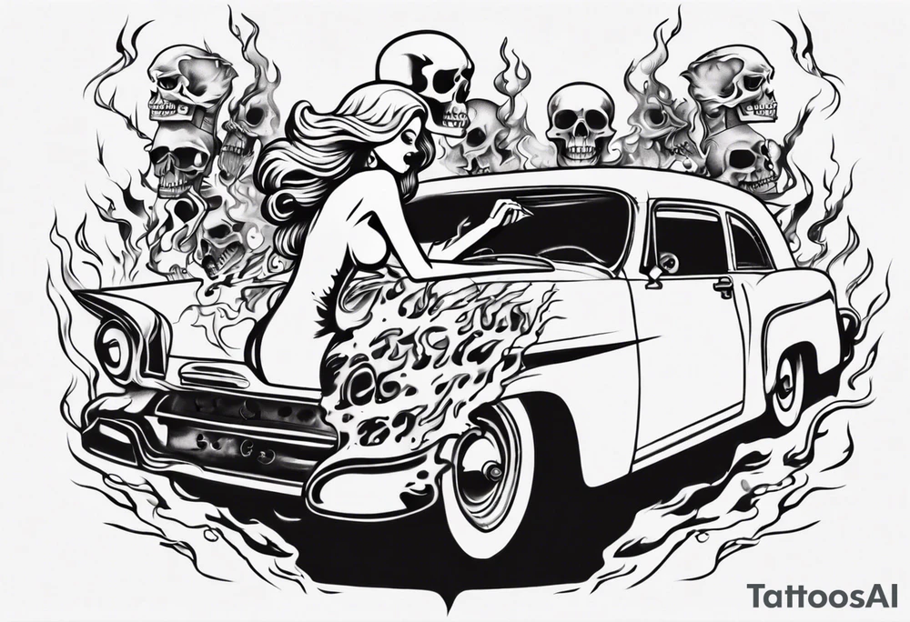 pinup doll driving a old car through flames and skeletons tattoo idea