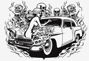 pinup doll driving a old car  through flames and skeletons tattoo idea
