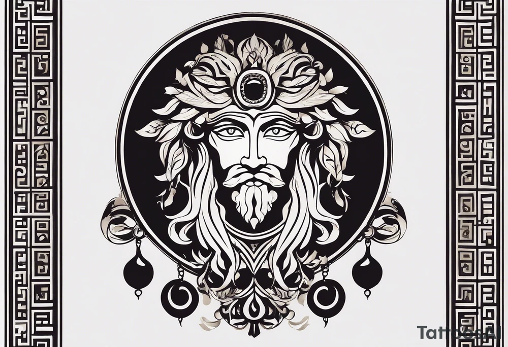 "Craft a minimalist tattoo design in the style of ancient Greek art, featuring Dionysus with his affection for theater. Depict Dionysus in a simplified yet elegant form, reminiscent of classical Greek sculpture, holding a theatrical mask and a goblet of wine. Surround him with subtle geometric patterns or motifs inspired by ancient Greek pottery, such as meanders or key patterns. Ensure the design maintains a minimalist aesthetic while incorporating elements that evoke the sophistication and timelessness of Greek art, capturing Dionysus's connection to both wine and theater in a visually striking manner." tattoo idea