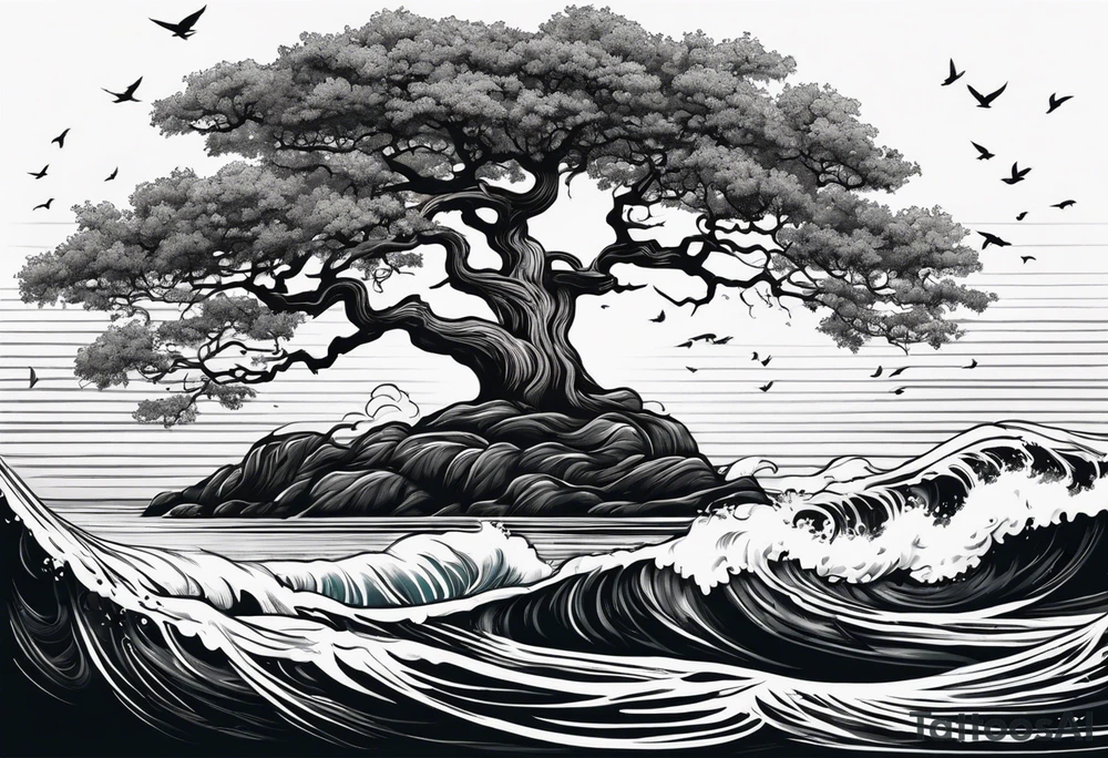 tall oak tree with roots growing around calming waves and a phoenix for forearm tattoo idea