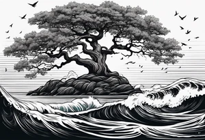 tall oak tree with roots growing around calming waves and a phoenix for forearm tattoo idea