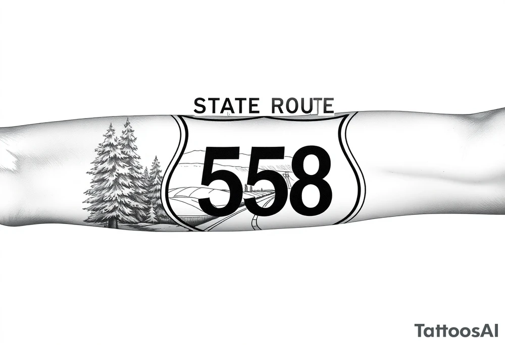 Arm sleeve State Route sign 558, with trees all around and farm in background, road w/ view tattoo idea