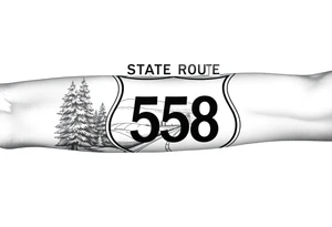 Arm sleeve State Route sign 558, with trees all around and farm in background, road w/ view tattoo idea