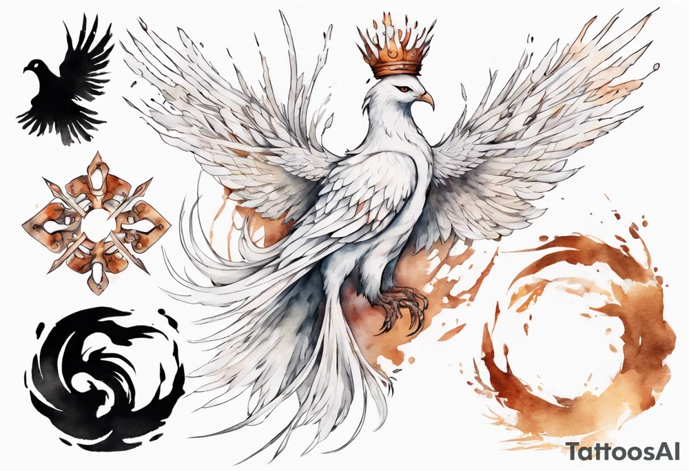 a white phoenix wearing rusty crown around its head tattoo idea a white phoenix wearing rusty crown around its head tattoo idea