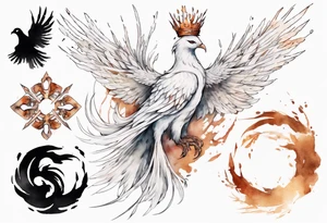 a white phoenix wearing rusty crown around its head tattoo idea