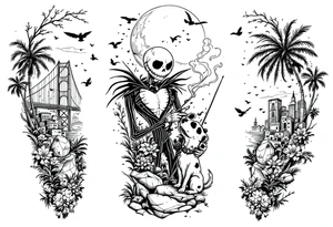 jack skellington with dog,smoking a blunt and fishing,surrounded by city buildings,golden gate bridge, birds, palm trees, tattoo idea