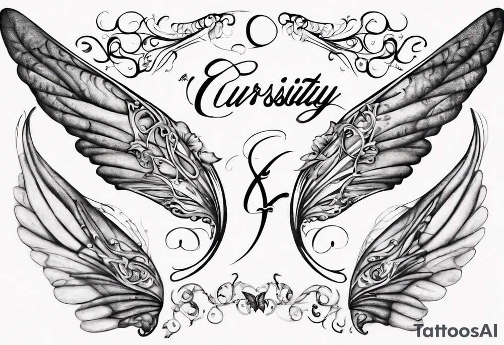 The word 'Curiosity' in cursive, intertwined with a fairy wing. tattoo idea The word 'Curiosity' in cursive, intertwined with a fairy wing. tattoo idea