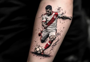 A tattoo of a soccer player mid-kick, wearing Slavia Praha’s white and red jersey, striking a ball with the club crest on it. tattoo idea