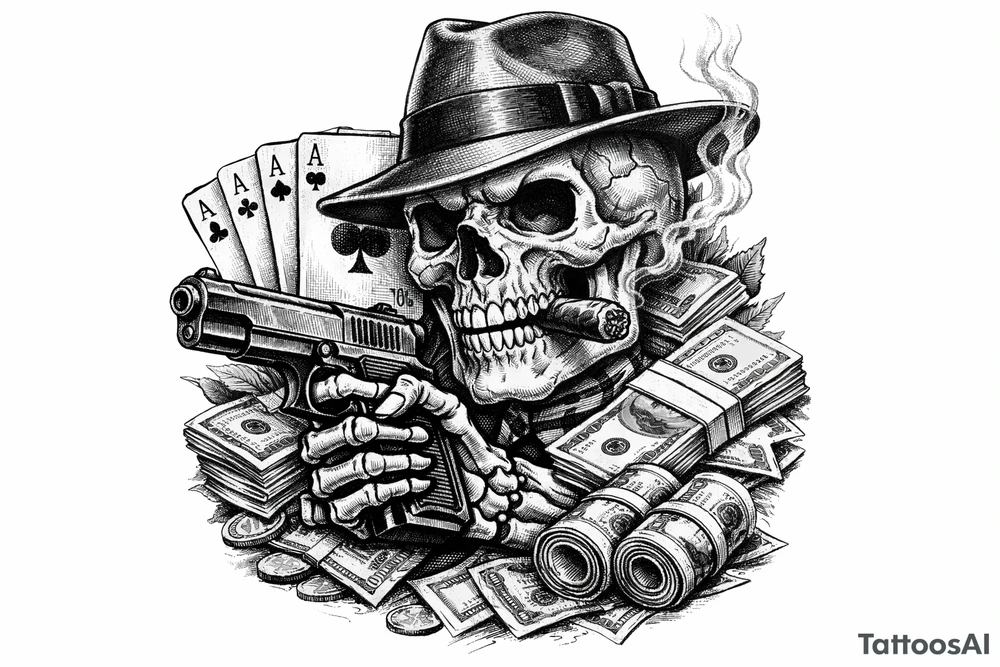 skull with gangster-hat,cigar in his mouth,gun in a skeleton-hand,playing cards,a lot of money. tattoo idea