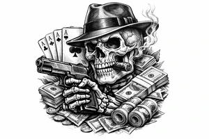 skull with gangster-hat,cigar in his mouth,gun in a skeleton-hand,playing cards,a lot of money. tattoo idea