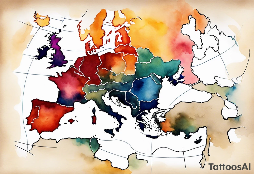 Map us to europe with one tiny jet plane showing intercontinental flight path. Watercolor with spilled watercolor look abstract tattoo idea