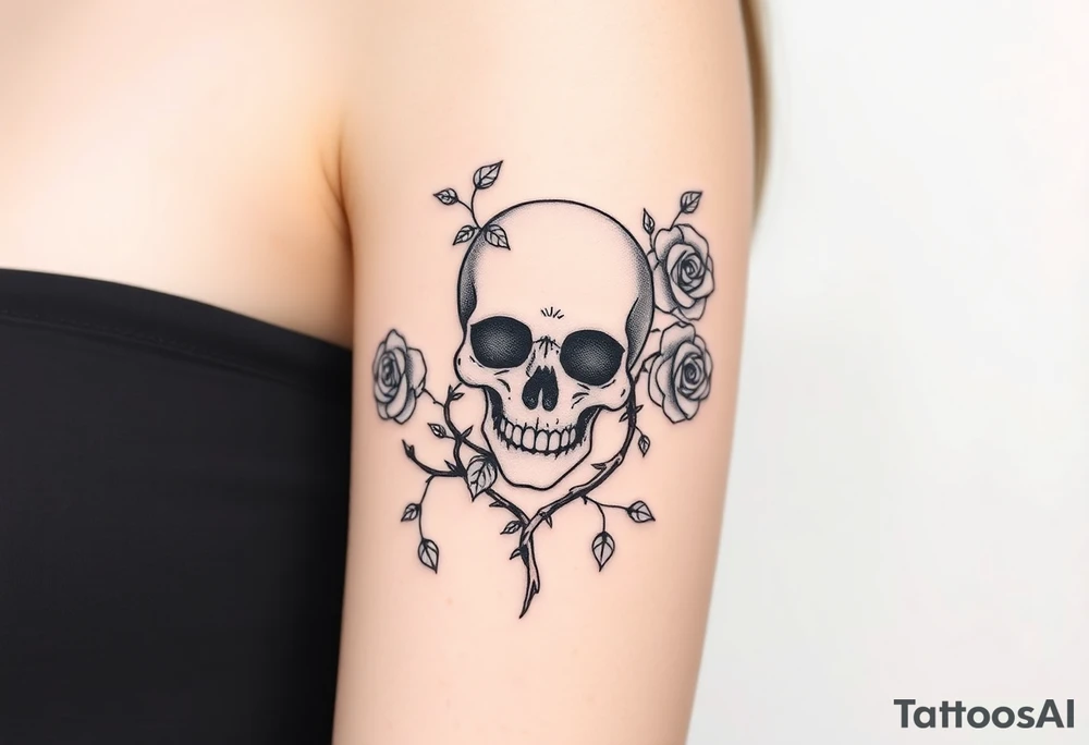 gothic skull intertwined with climbing roses and thorny vines tattoo idea