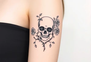 gothic skull intertwined with climbing roses and thorny vines tattoo idea