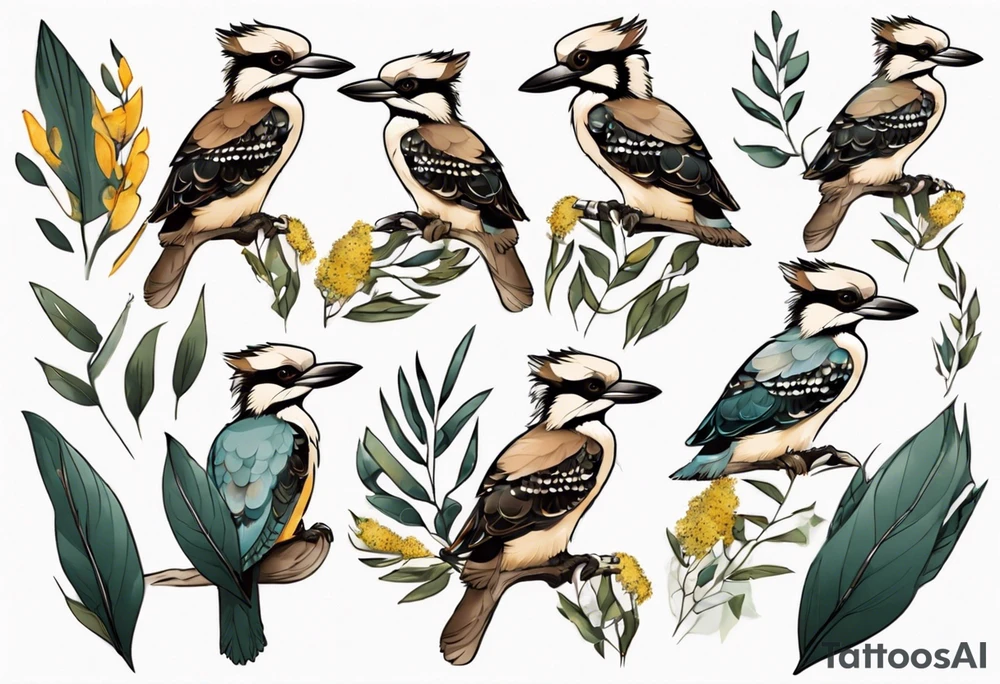 Small kookaburra sitting on wattle leaves tattoo idea