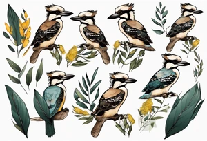 Small kookaburra sitting on wattle leaves tattoo idea