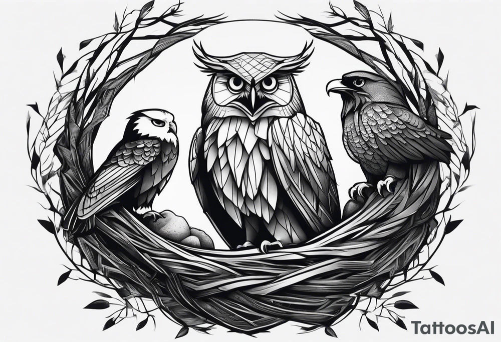 Owl, raven, eagle cuddled in a nest, birdseye view tattoo idea